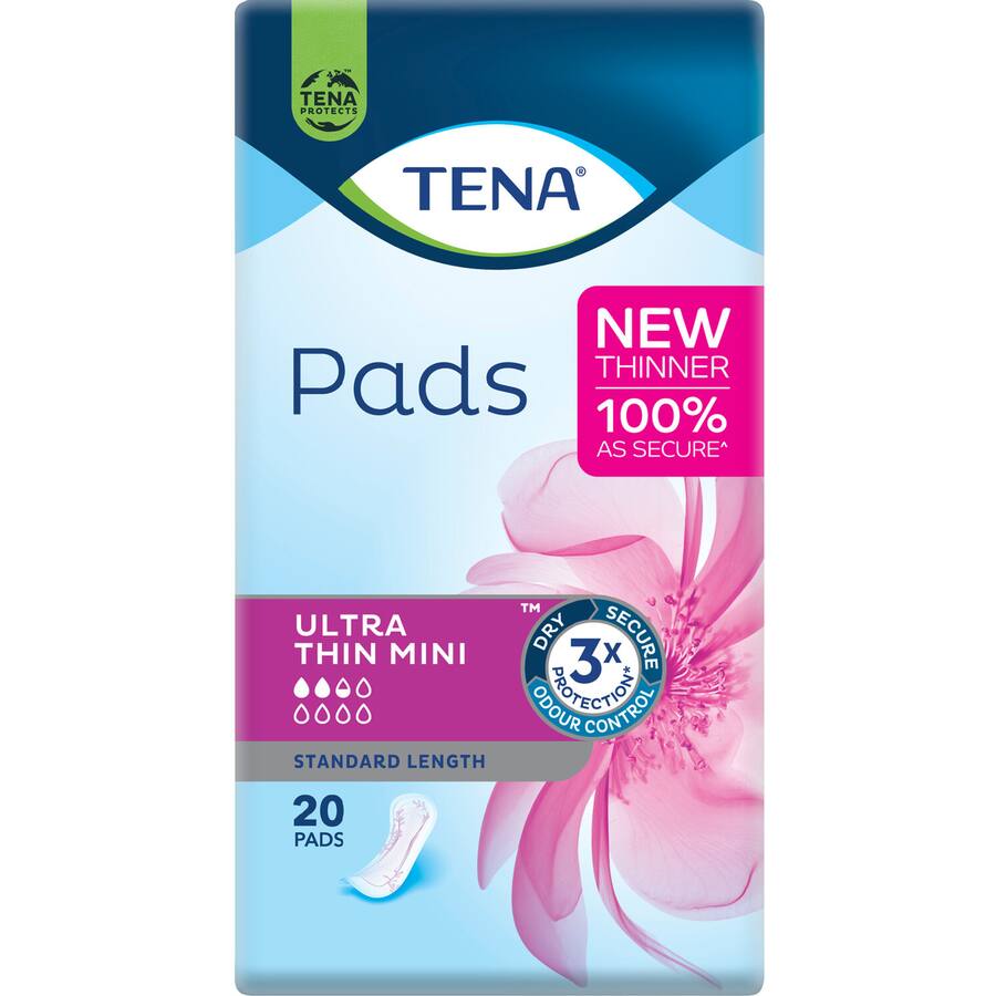 TENA Ultra Thin Mini Pads, 20-pack, designed for discreet and comfortable protection against light incontinence and leaks.