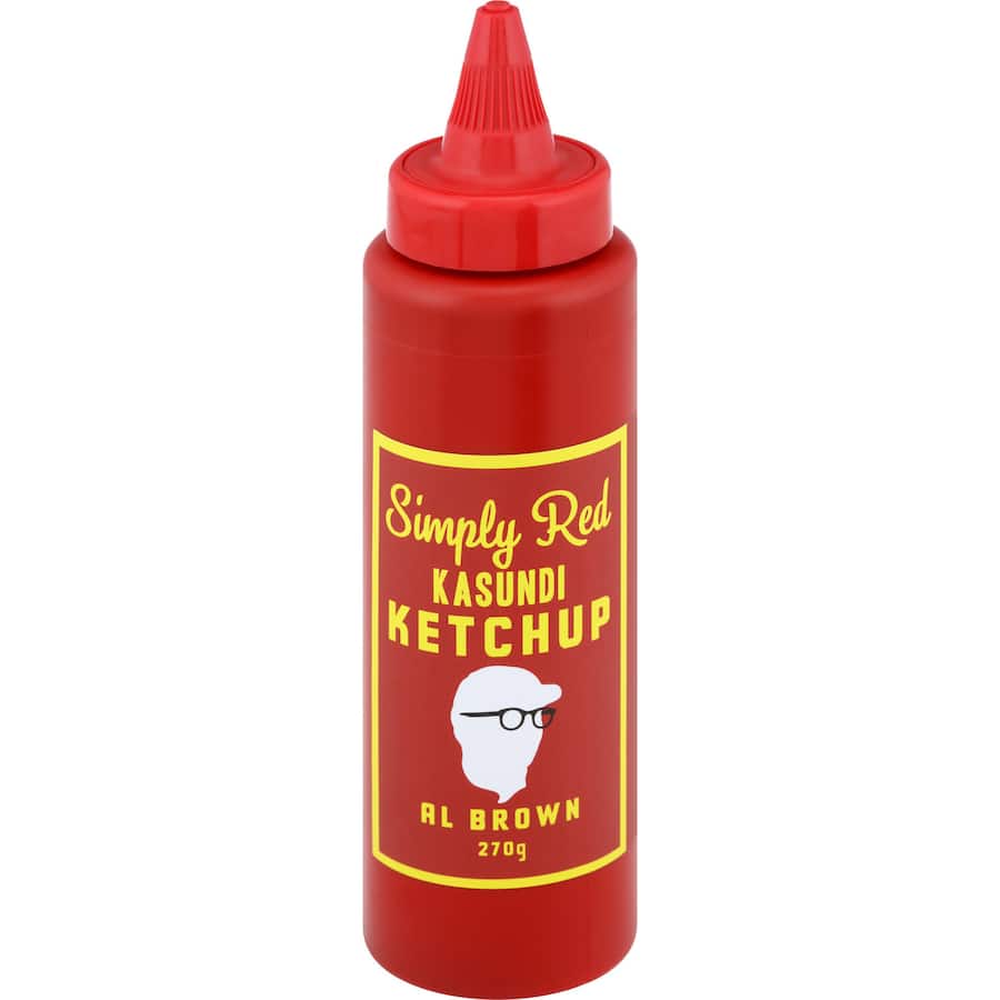 Al Brown Simply Red Ketchup bottle showcasing natural ingredients and rich flavors for burgers, fries, and more.