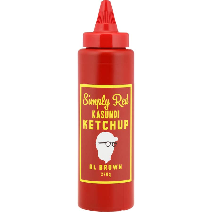 Al Brown Simply Red Ketchup, made from vine-ripened tomatoes, free from preservatives, perfect for enhancing meals.