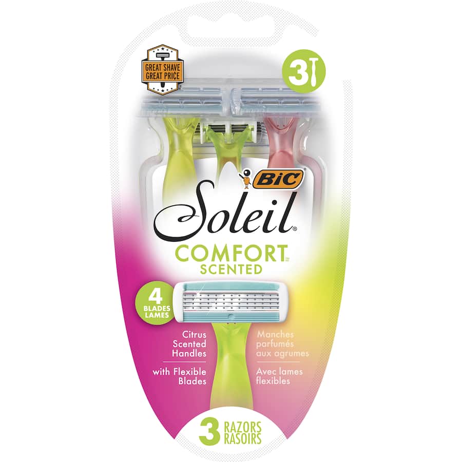 BIC Soleil Comfort Scented razor for women, featuring four blades, pivoting head, Shea Butter strip, and citrus-scented handle.