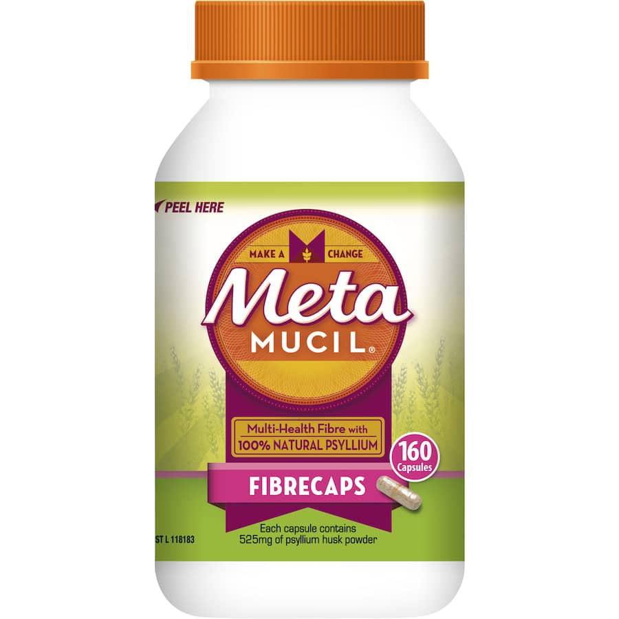 Metamucil Fibrecaps: natural psyllium husk capsules for digestive health, fiber intake, and regularity support.