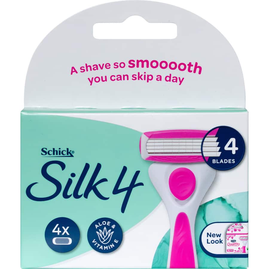 Schick Silk 4 Razor Blades with four ultra-thin blades and conditioning strips for a smooth, comfortable shave.