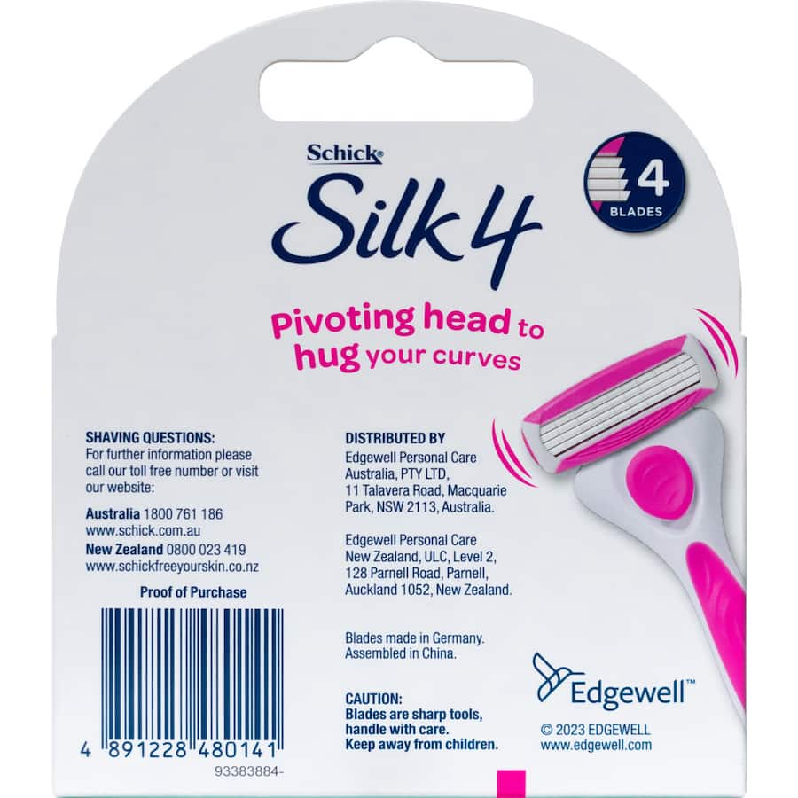 Schick Silk 4 Razor Blades with four ultra-thin blades and conditioning strips for a smooth, comfortable shave.