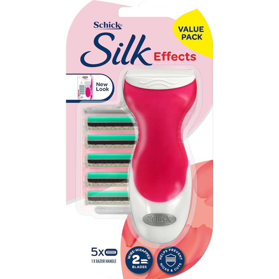 Schick Silk Effects Hybrid Razor Kit with 2-blade technology for a smooth, irritation-free shave, ideal for sensitive skin.