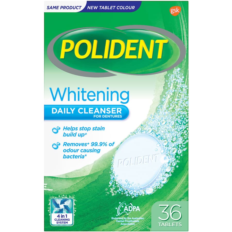 Polident Whitening Daily Cleaner tablets for dentures, removing 99.9% odor-causing bacteria in just 15 minutes.