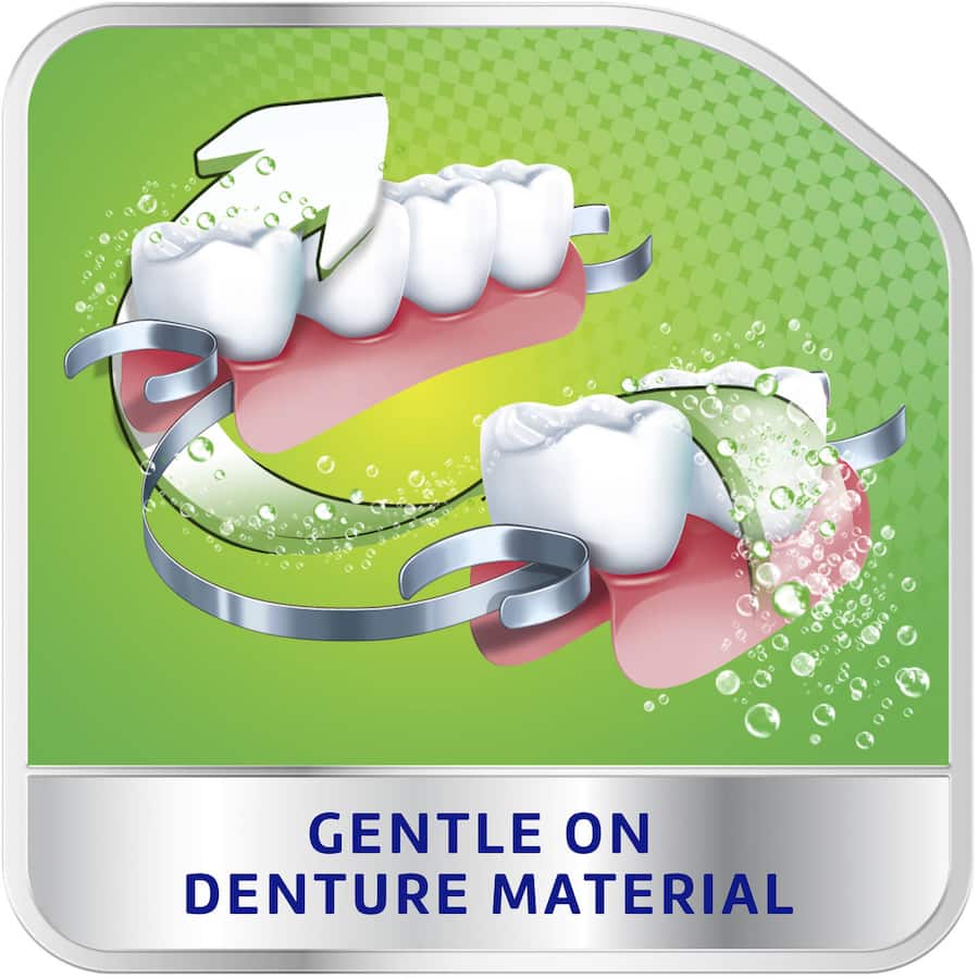 Polident Whitening Daily Cleaner tablets effectively remove odors and stains from dentures in just 15 minutes.