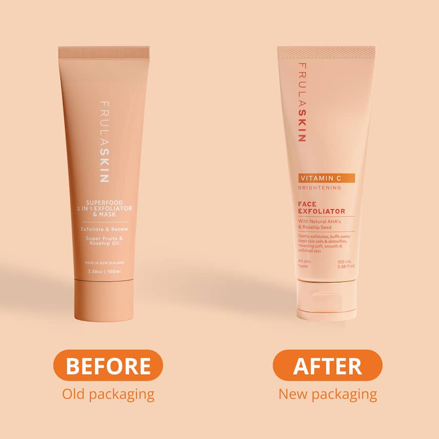 Frula Face Exfoliator provides gentle exfoliation with Vitamin C and natural ingredients for radiant, smooth skin.