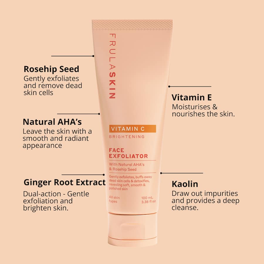 Frula Face Exfoliator with Vitamin C, Walnut Shell, and oils for gentle exfoliation and radiant, hydrated skin.