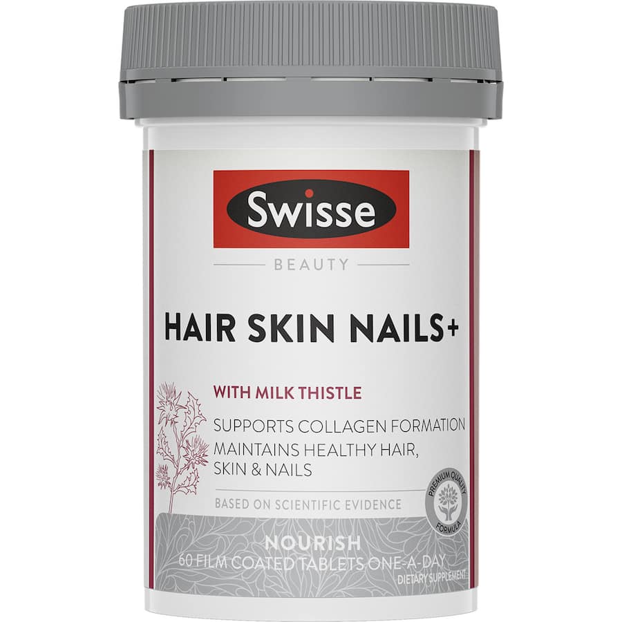 Swisse Hair Skin Nails Tablets promoting healthy hair, radiant skin, and strong nails with essential vitamins and minerals.