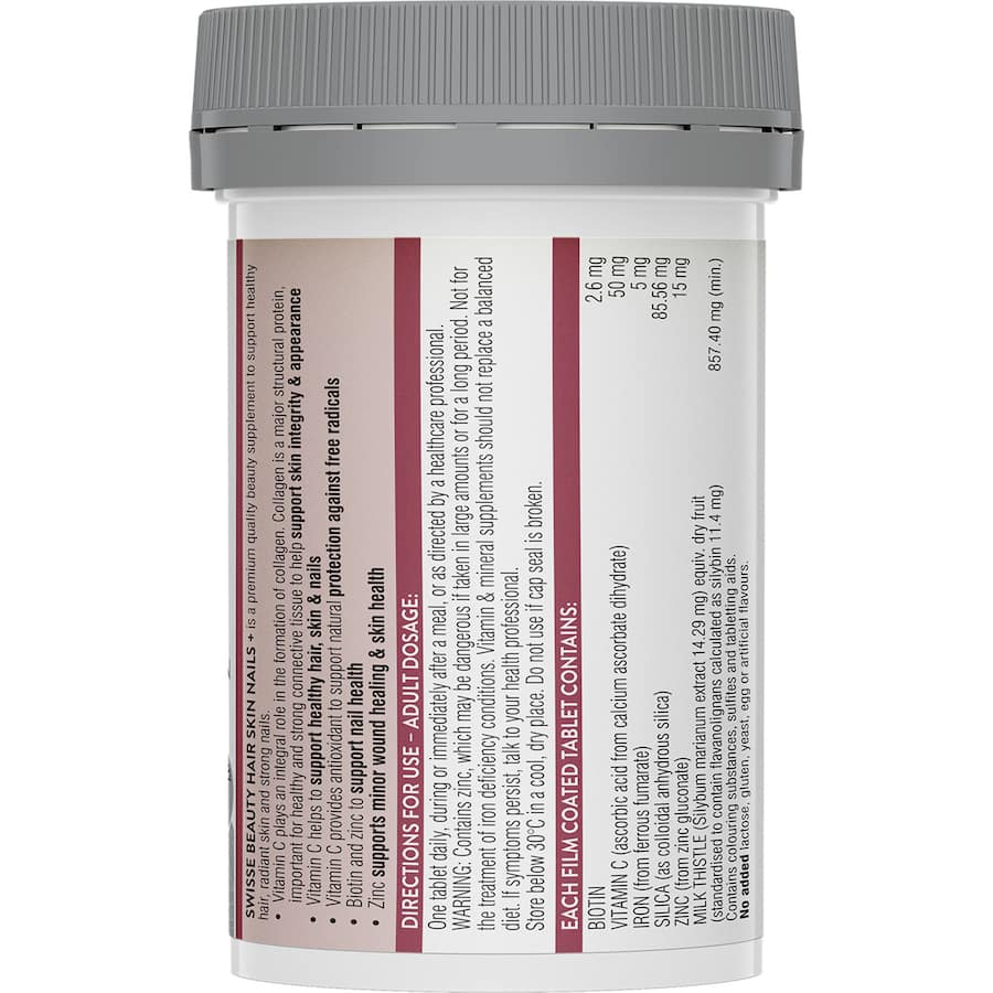 Swisse Hair Skin Nails Tablets enhance beauty with biotin, zinc, and collagen for healthy hair, skin, and nails.