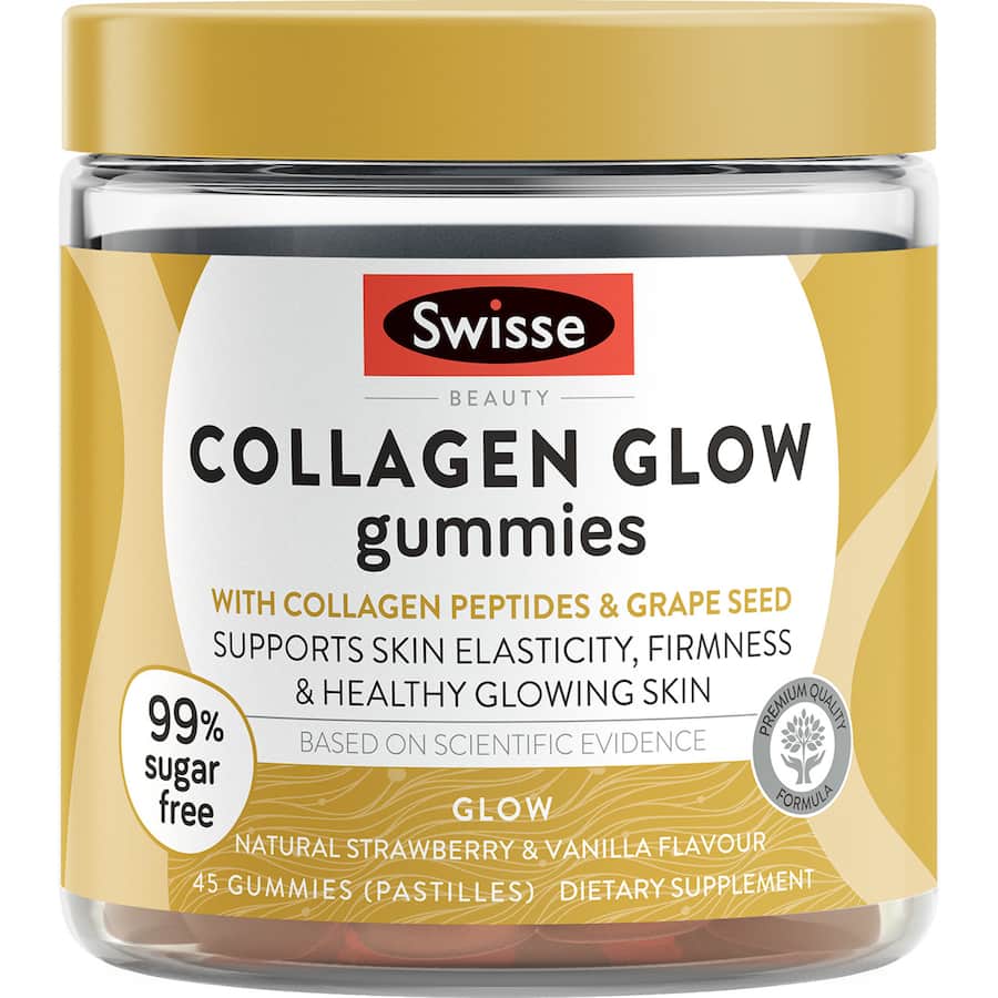 Swisse Gummies Collagen Glow promote youthful skin with essential vitamins and nutrients for a radiant complexion.