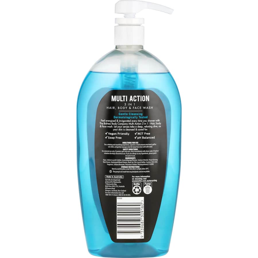 "Balnea Men's Body Wash Multi Action offers a refreshing clean with nourishing ingredients for revitalized skin and a delightful scent."