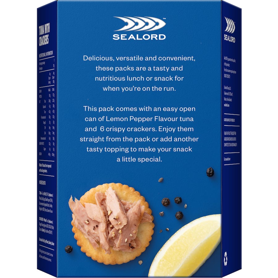 Sealord Tuna & Crackers Lemon Pepper: protein-rich tuna and crunchy crackers in a zesty, gluten-free snack pack.