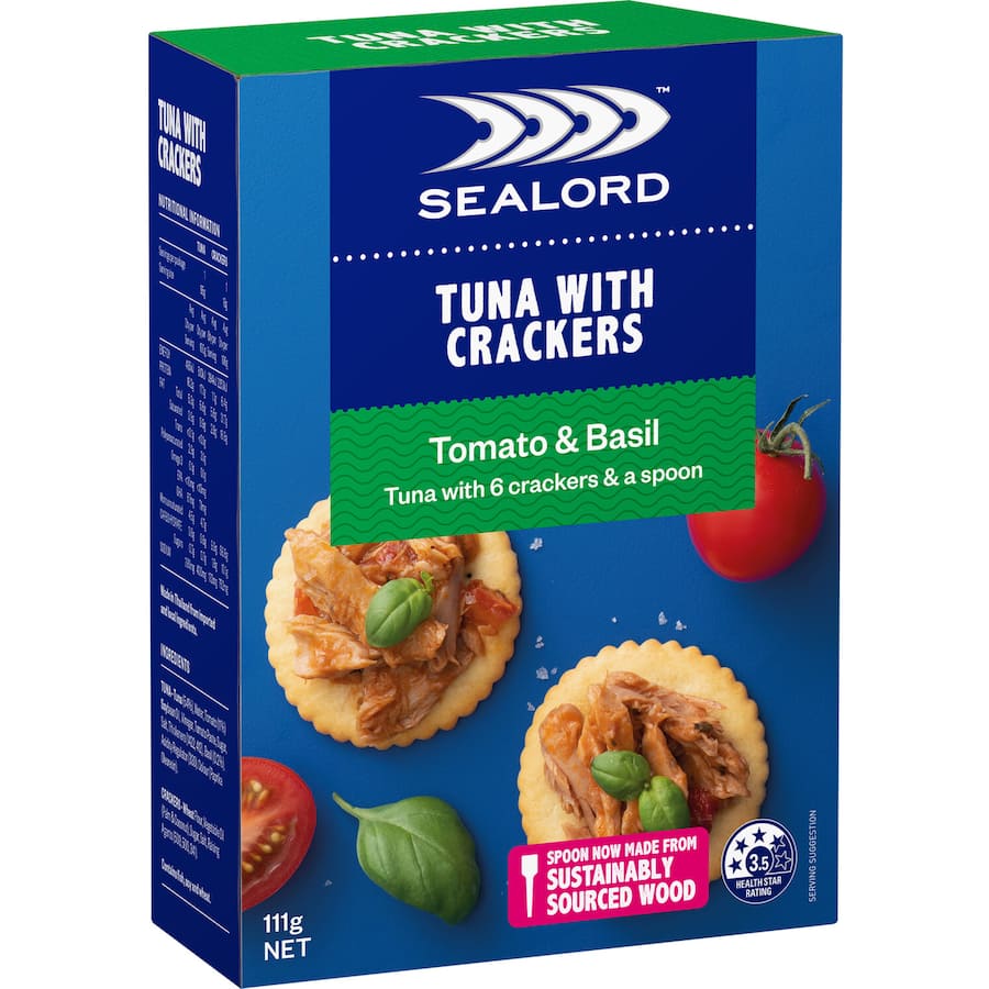 Sealord Tuna & Crackers with Tomato & Basil - protein-packed snack with flavorful tuna and crunchy crackers, perfect for on-the-go.