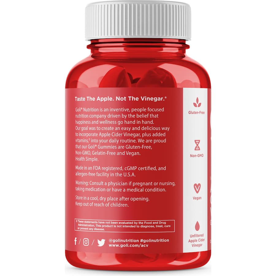 Goli Nutrition Apple Cider Vinegar Gummies, tasty vegan gummies with B9 and B12 for energy and immune support.