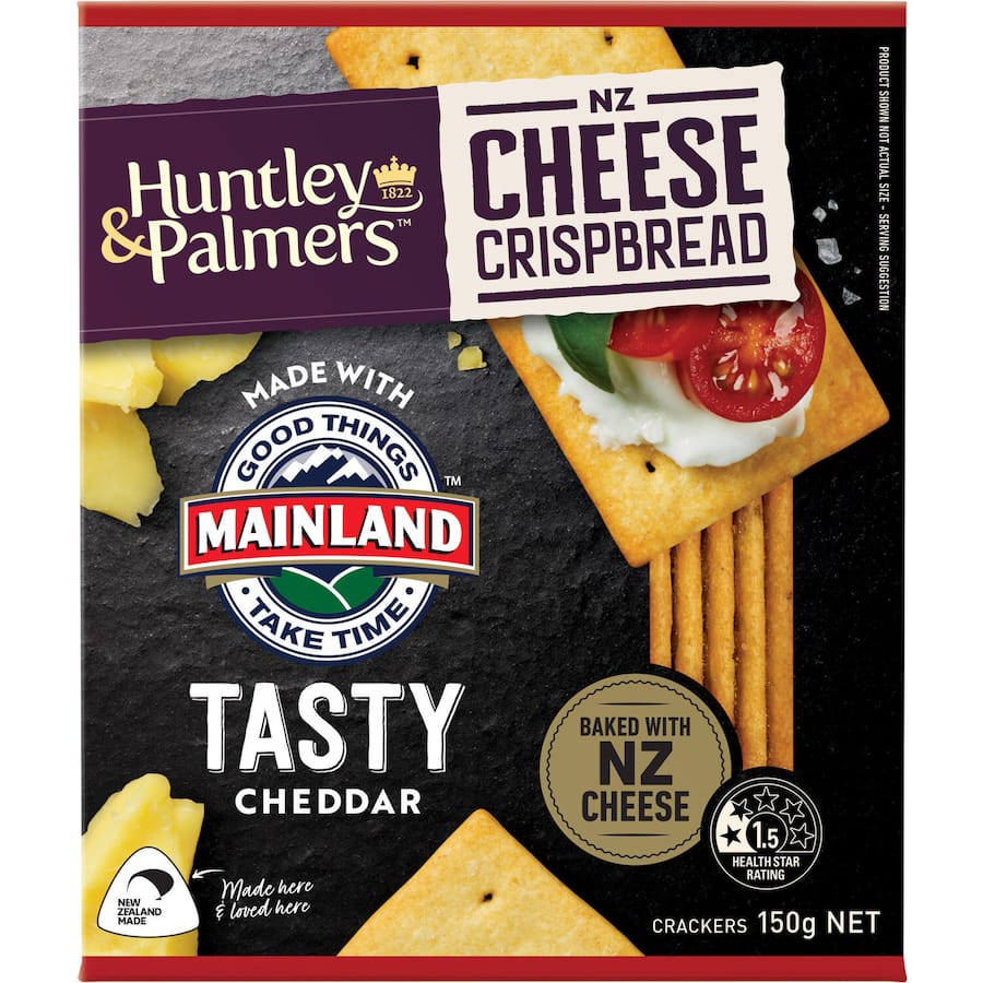 Huntley & Palmers Crispbread Tasty Cheese, a crunchy, flavorful snack ideal for pairing with cheeses and dips.