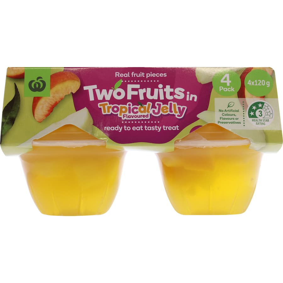 Woolworths Fruit Snack 2 Fruits In Tropical Jelly 120g pottles 4pack