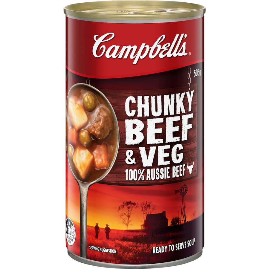 Hearty Campbell's Chunky Soup Beef Canned with tender beef, vegetables, and savory broth; 99% fat-free and ready to serve.