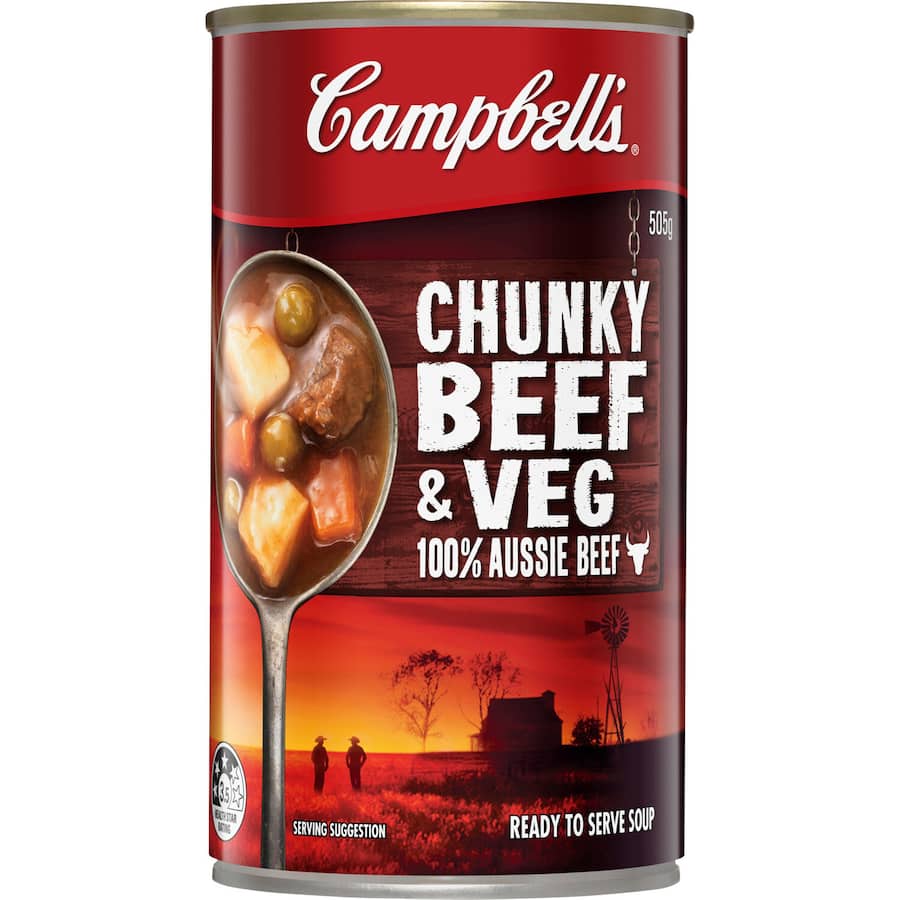 Campbell's Chunky Beef Soup with tender beef, veggies, and savory broth; hearty, 99% fat-free meal option in a can.