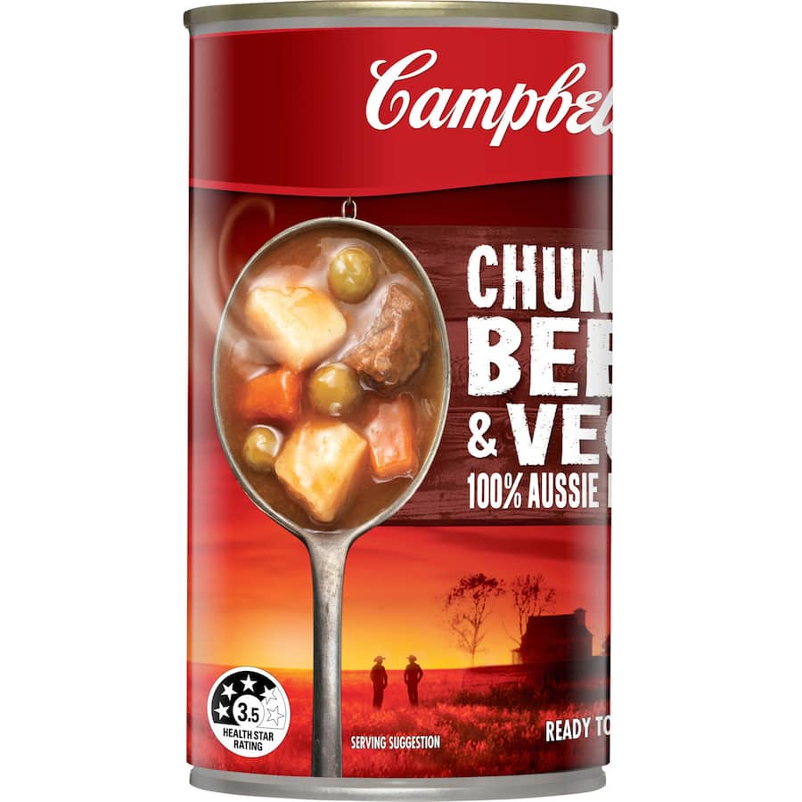 Hearty Campbell's Chunky Beef Soup with tender beef, vegetables, and savory broth; a nutritious, quick meal option.