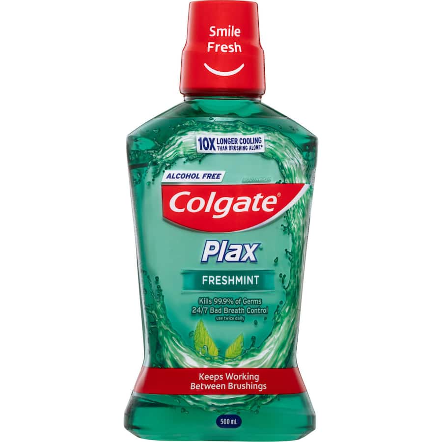 Colgate Plax Antibacterial Mouthwash in Fresh Mint flavor, kills 99.9% of germs for long-lasting fresh breath and oral health.