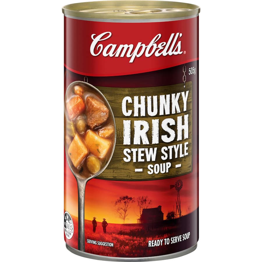 Hearty Campbell's Chunky Irish Stew in a can, featuring meat, vegetables, and savory broth for quick meals.