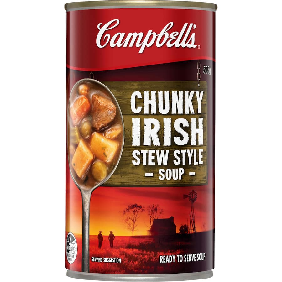 Hearty Campbell's Chunky Irish Stew in a can, packed with meat and vegetables for a quick, delicious meal.