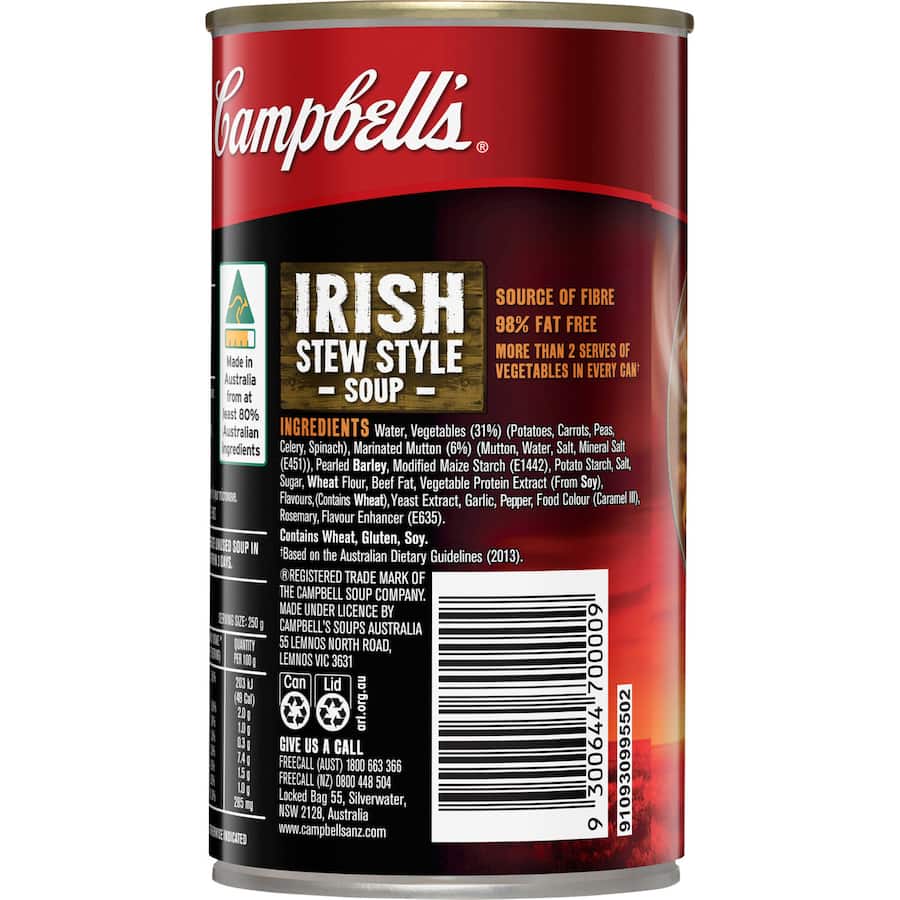 Hearty Campbell's Chunky Irish Stew with tender meat, vegetables, and rich broth in a convenient can.