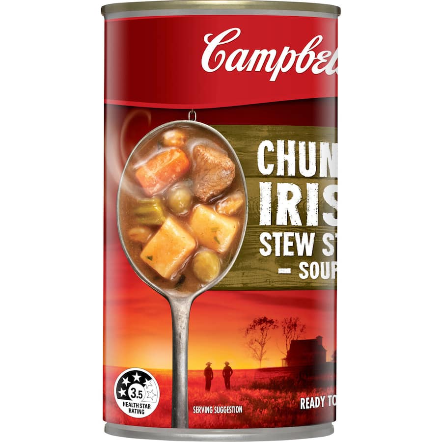 Hearty Campbell's Chunky Irish Stew in a can with meat, vegetables, and savory broth for quick, comforting meals.