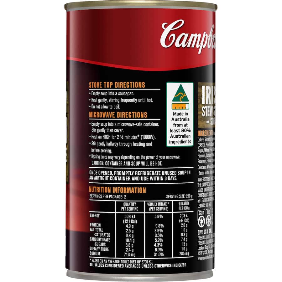Canned Chunky Irish Stew from Campbell's, featuring tender meat and vegetables in a savory broth for a hearty meal.