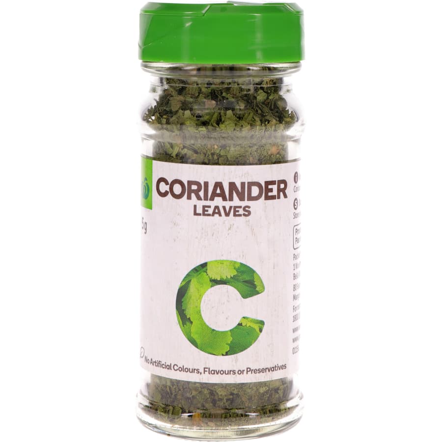 Dried coriander flaked leaves from Woolworths, perfect for adding flavor to soups, curries, and stir-fries.