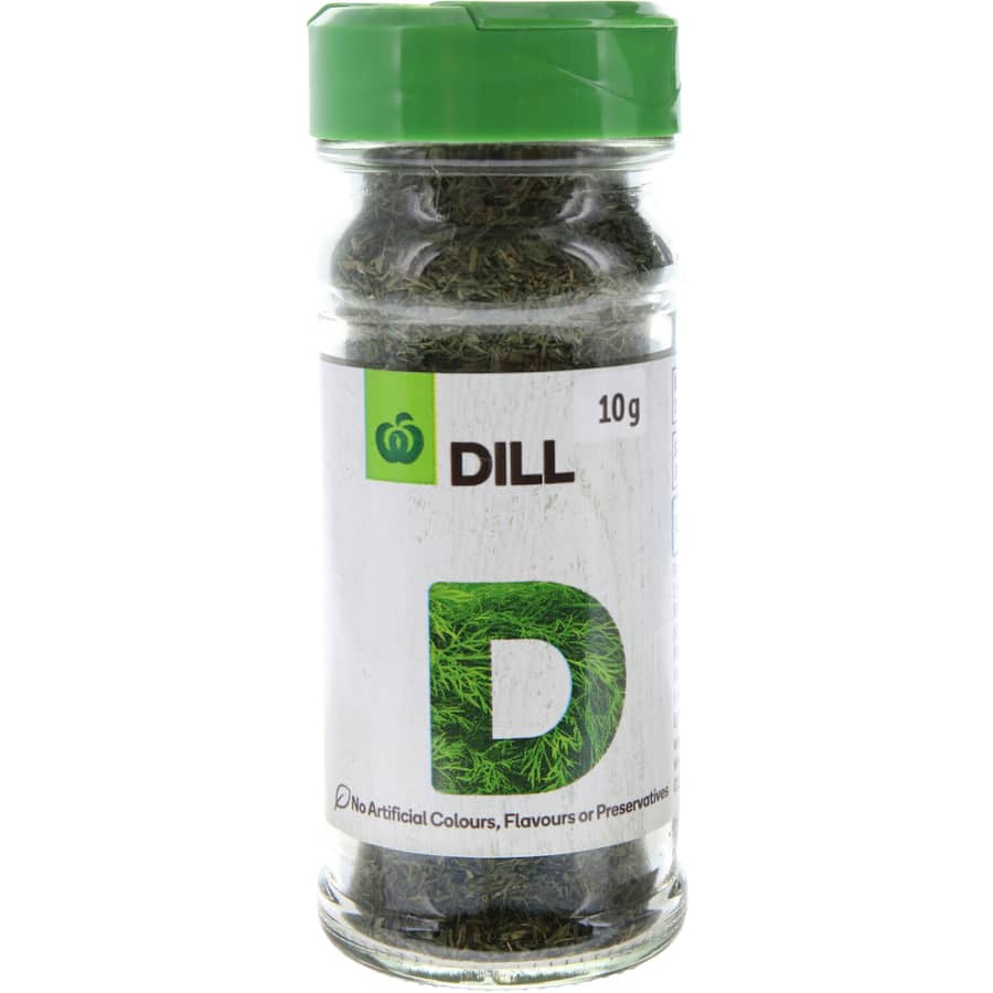 Woolworths Dill Flaked Leaves in a 10g can, ideal for enhancing seafood dishes, dips, and salads with natural flavor.