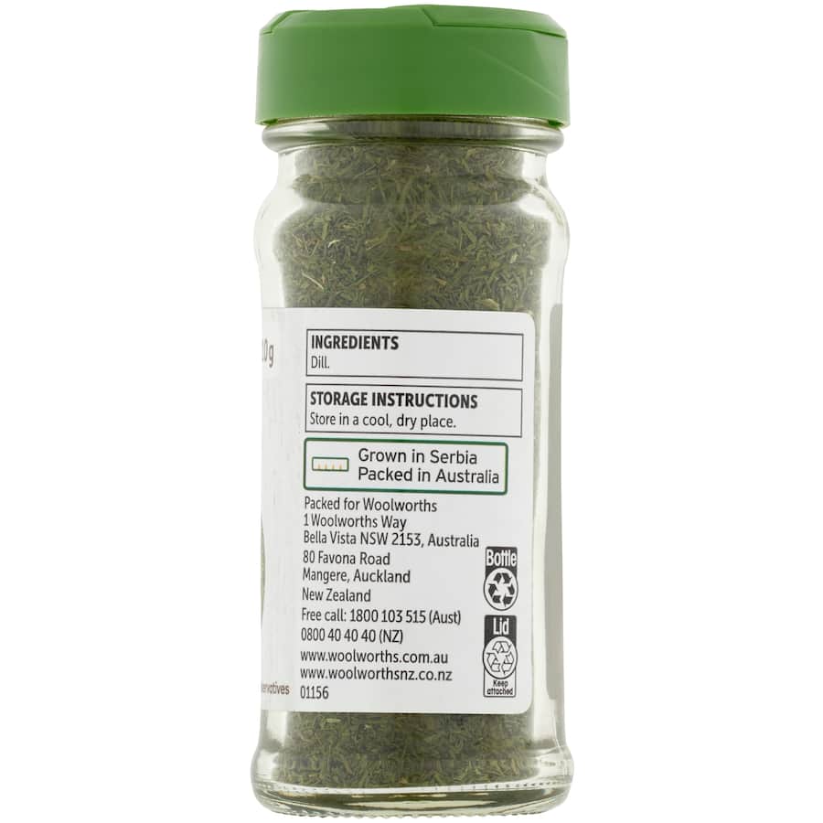 Woolworths Dill Flaked Leaves in a 10g can, perfect for enhancing seafood, salads, and dips with natural flavor.