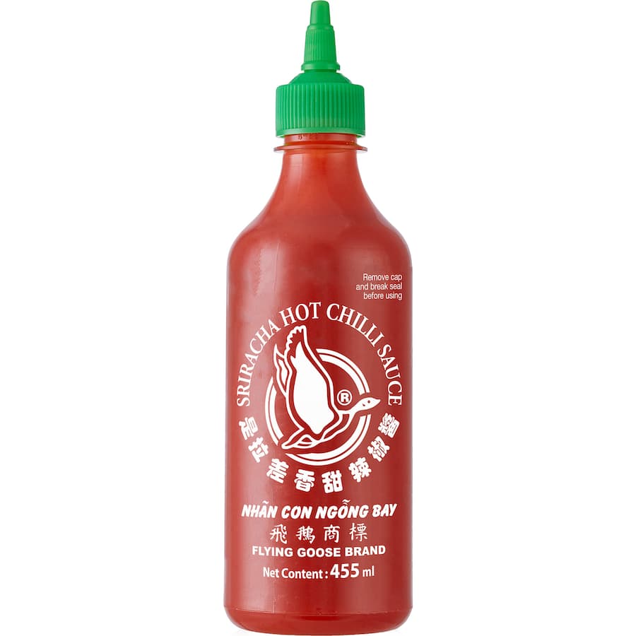 Bold and spicy Flying Goose Sriracha Sauce in a squeeze bottle, perfect for enhancing dishes with heat and flavor.