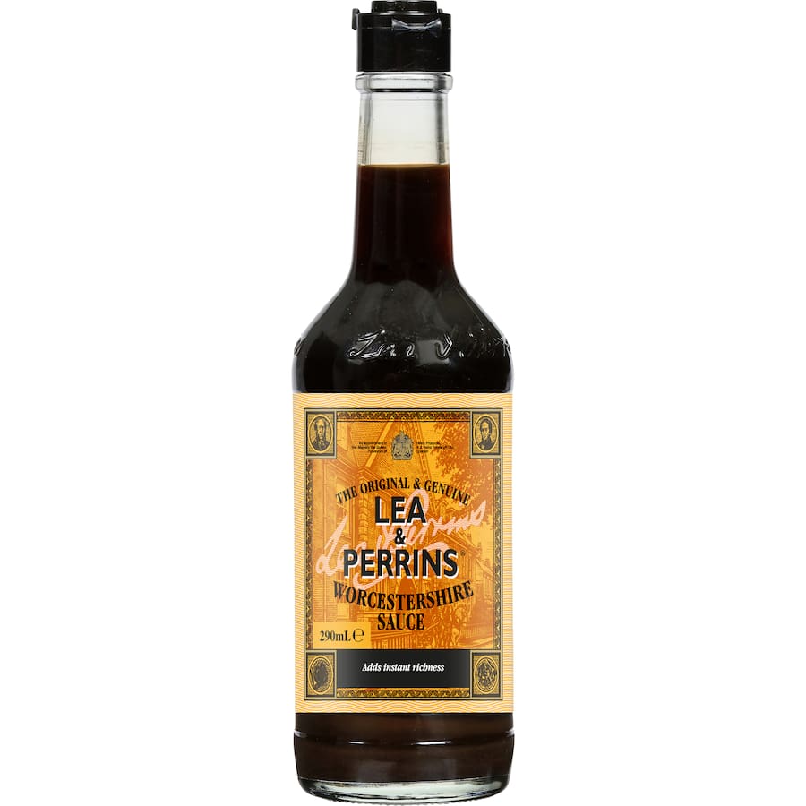 Bottle of Lea & Perrins Worcestershire Sauce, a versatile condiment known for its rich, savory flavor, perfect for enhancing meals.