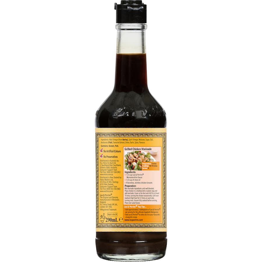 Bottle of Lea & Perrins Worcestershire Sauce, enhancing flavors in dishes with its rich, tangy blend, free from artificial additives.