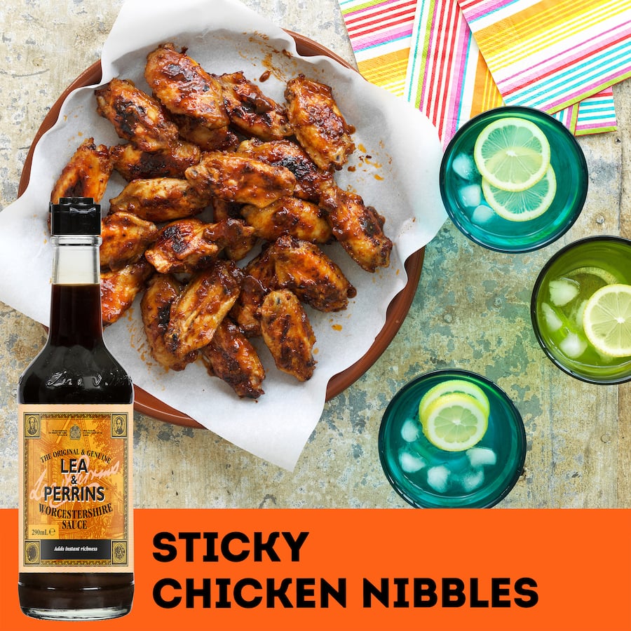 A bottle of Lea & Perrins Worcestershire Sauce, known for its rich, tangy flavor, perfect for enhancing various dishes.