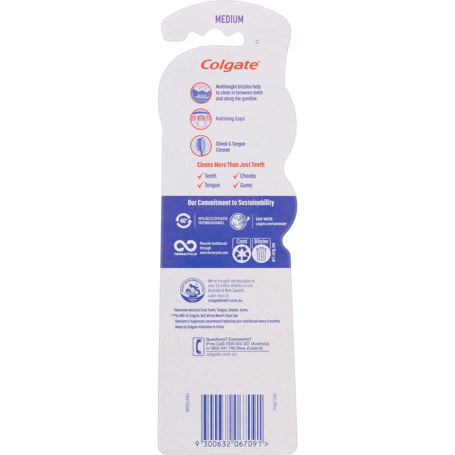 Colgate 360 Whole Mouth Clean Toothbrush in a value pack, featuring medium bristles and a unique design for comprehensive oral hygiene.