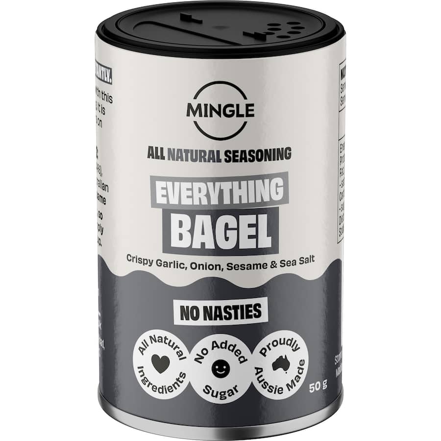 Mingle Everything Bagel BBQ Rub, a flavorful blend for seasoning dishes like chicken, veggies, and avocado toast.