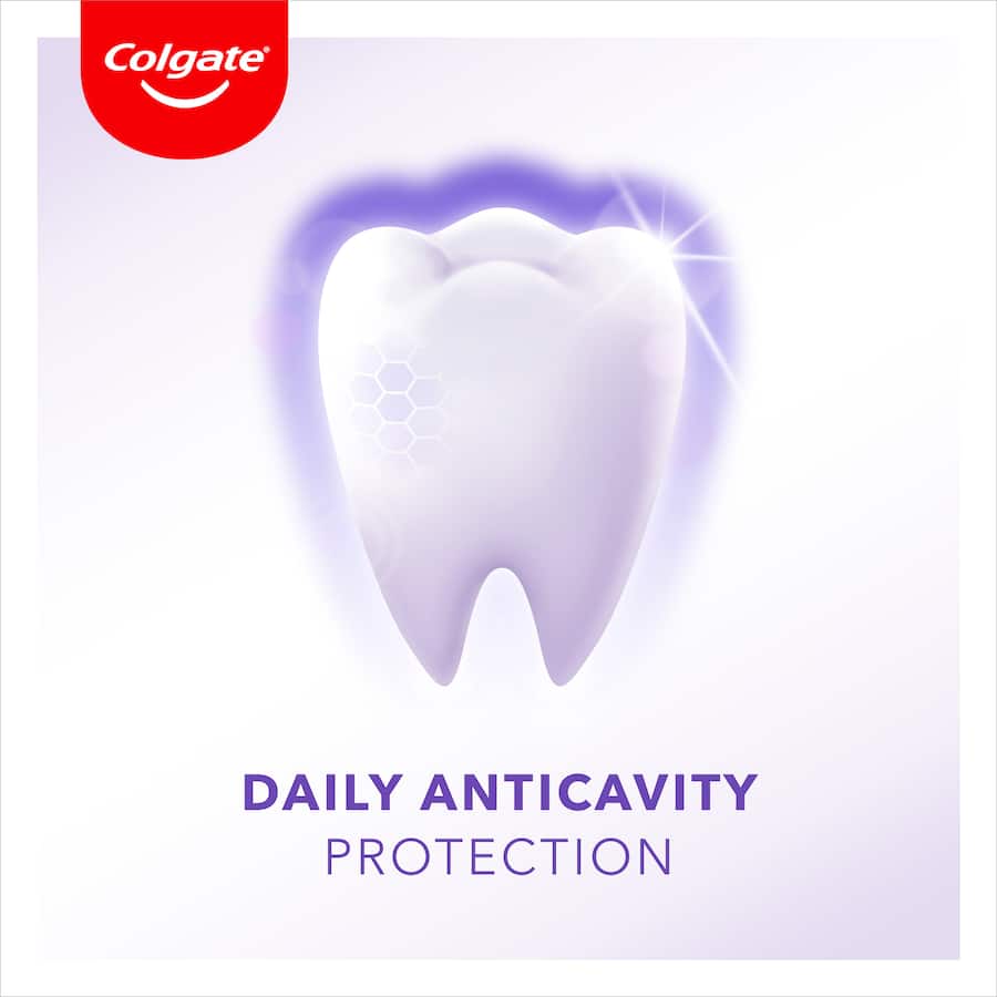 Colgate Advanced Whitening Toothpaste Purple, featuring color correcting tech for radiant smiles and whiter teeth in 7 days.