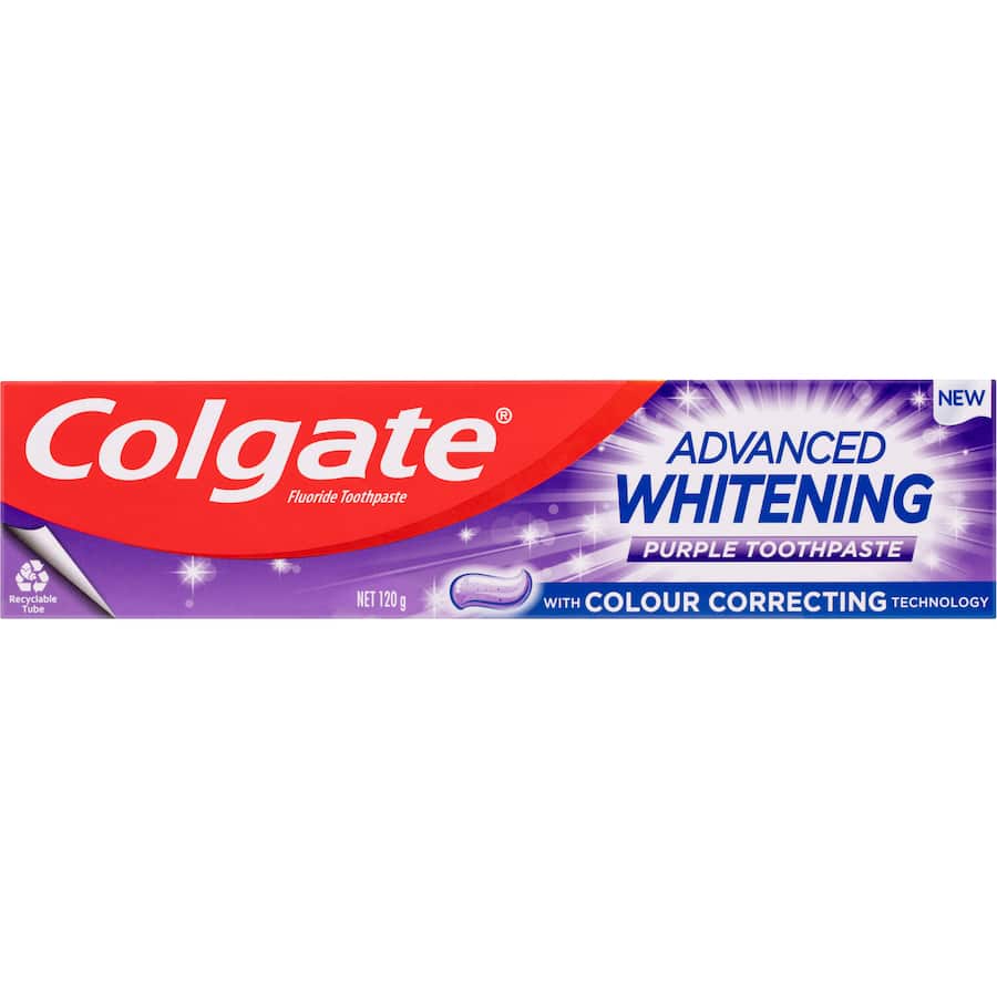 Colgate Advanced Whitening Toothpaste Purple, featuring color correcting technology for whiter teeth and fresh breath in 7 days.