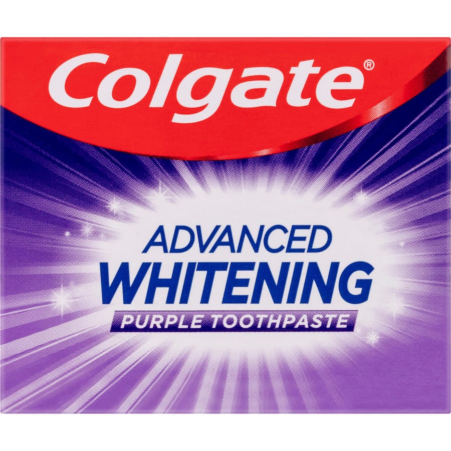Colgate Advanced Whitening Toothpaste Purple, featuring color-correcting technology for whiter teeth and fresh breath.