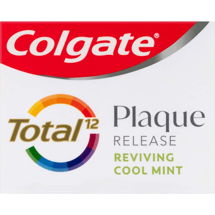 Colgate Total Plaque Release Toothpaste in Reviving Cool Mint for stronger gums and fresh breath in a recyclable tube.
