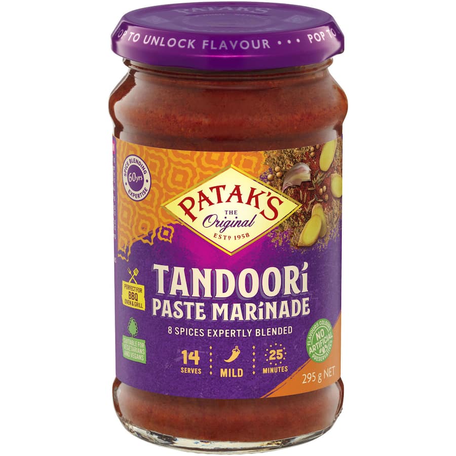 Patak's Tandoori Paste Marinade in a recyclable jar, blending 8 spices for authentic tandoori flavor in your dishes.