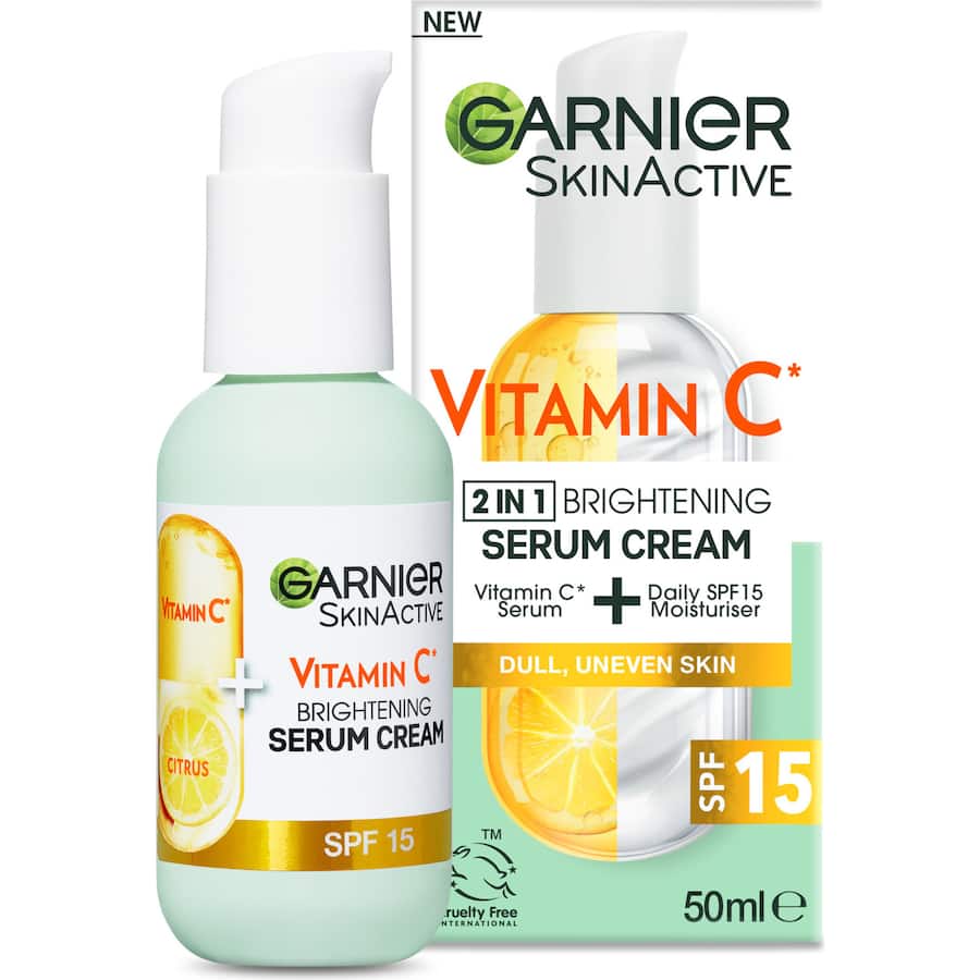 Garnier Skin Active Serum Cream Vitamin C: Brightening cream with 20% Vitamin C and SPF 15 for radiant, hydrated skin.