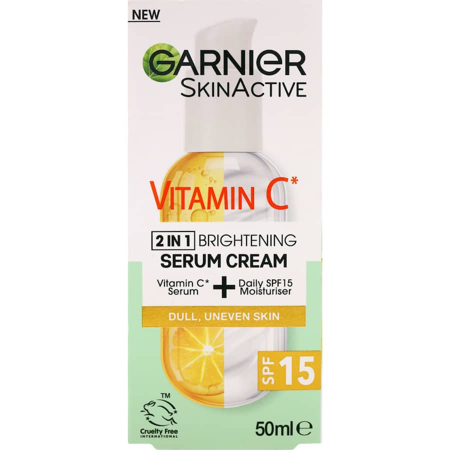 Garnier Skin Active Serum Cream Vitamin C combines brightening serum and moisturizer with SPF 15 for radiant, hydrated skin.