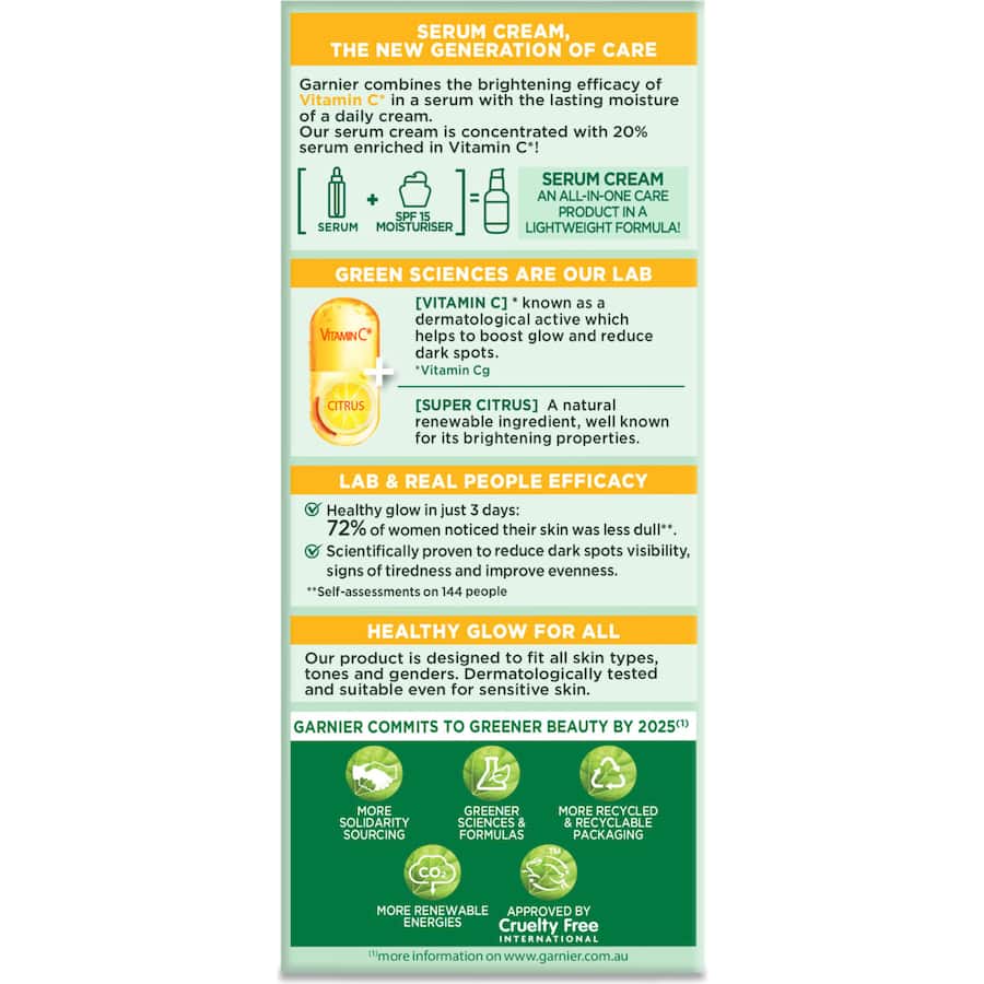 Garnier Skin Active Serum Cream with 20% Vitamin C and SPF 15, promoting bright, hydrated, and even skin.