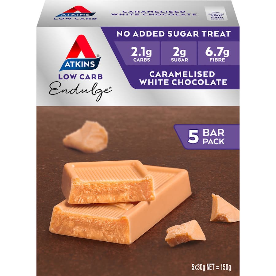 Atkins Endulge White Chocolate snack, a low-carb treat with 2g net carbs, ideal for guilt-free chocolate cravings.