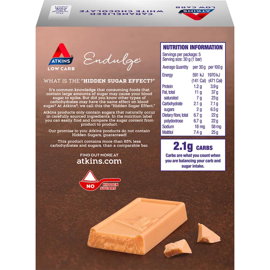 Atkins Endulge White Chocolate snack, a low carb treat with 2g net carbs, perfect for guilt-free indulgence.