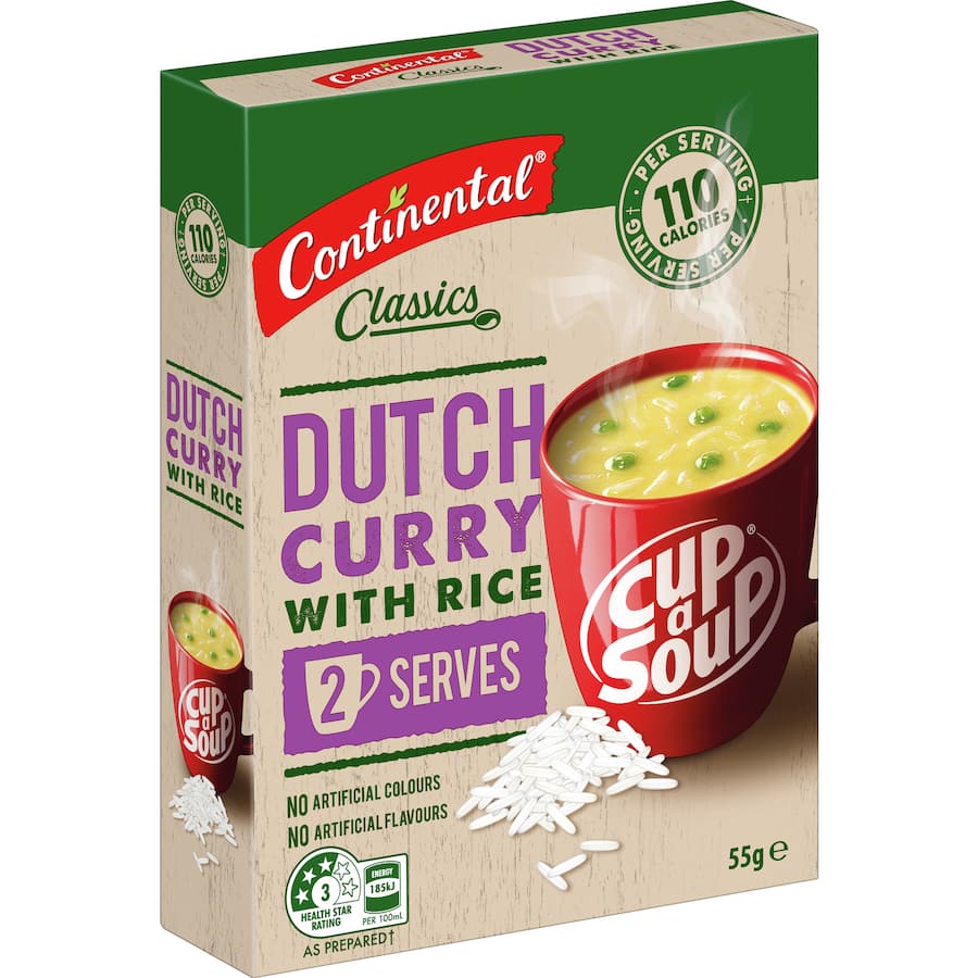 A warm bowl of Continental Classics Cup A Soup Dutch Curry With Rice, showcasing rich spices and wholesome ingredients.